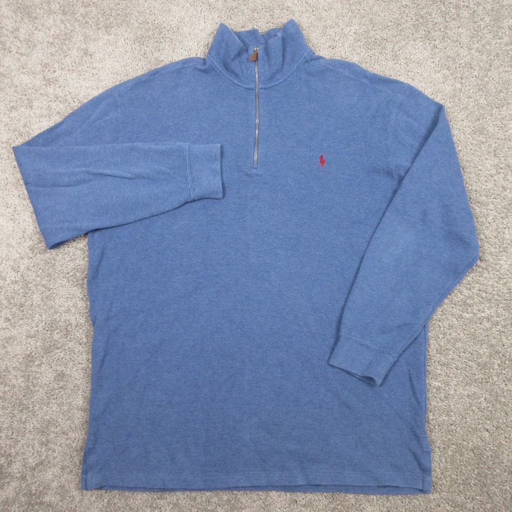 Polo Ralph Lauren Sweater Mens XLT Blue Solid Rib Knit Pony Quarter Zip Pullover